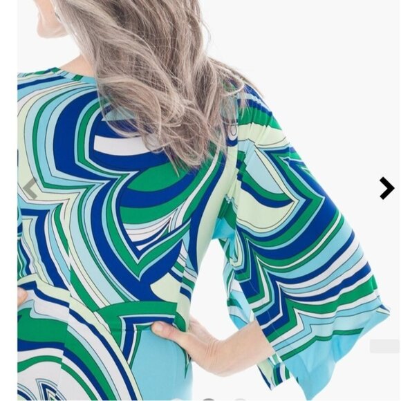 Chicos Dress Womens Large Blue Green Geometric Floral Stretch Mod Hippie Boho - Picture 7 of 13